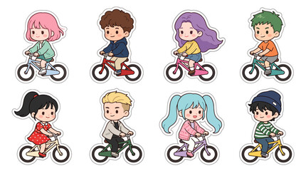 Naklejka premium Cute Chibi Style Anime Characters Riding Bicycles Sticker Vector Collection