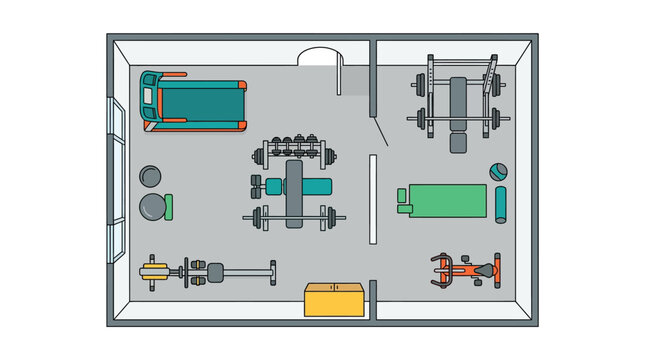 Top View Gym Floor Plan Illustration with Fitness Equipment and Workout Machines