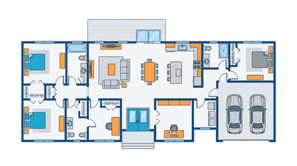 Fototapeta premium Modern Three-Bedroom House Floor Plan with Double Garage