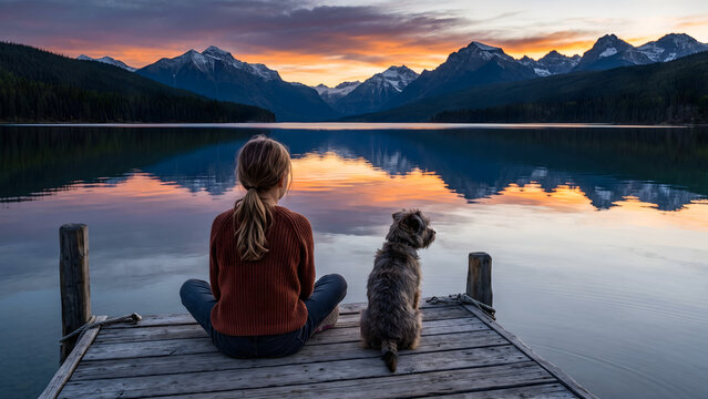 Woman sitting on dock with dog looking at mountain lake reflection at sunset