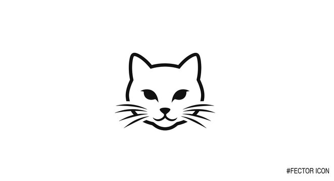 minimalist black cat face icon simple line art whiskers eyes isolated on white background