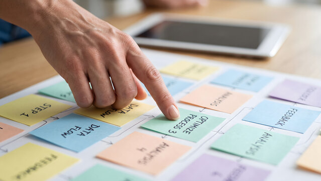 Business Management Strategy and Planning Process with Workflow Sticky Notes
