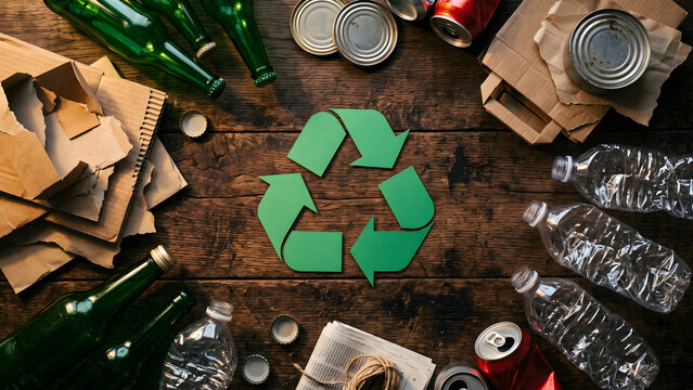 Recyclable waste materials arranged around a green recycle symbol on wood