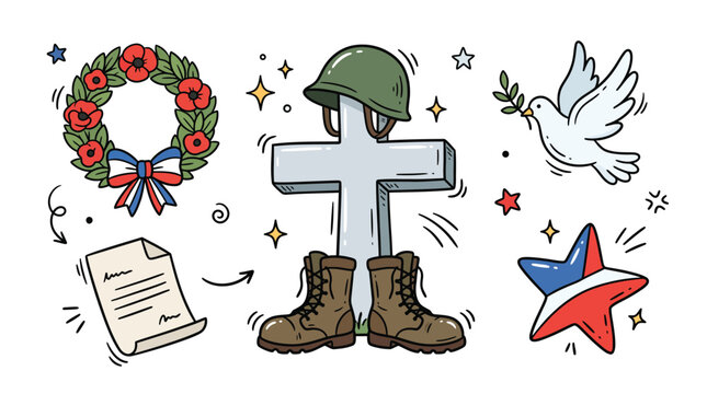 Memorial day fallen soldier tribute doodle set with military cross helmet combat boots poppy wreath peace dove and patriotic star on white background