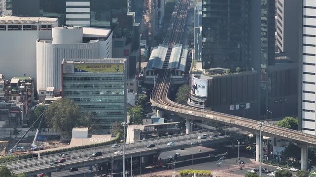 sunny day bangkok city downtown traffic street crossroad aerial panorama 4k thailand 