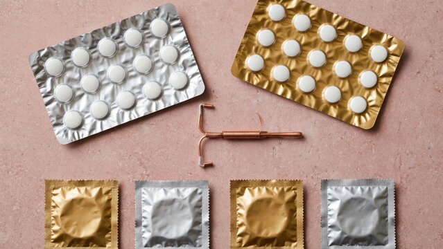Contraception methods including birth control pills IUD and condoms.