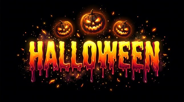 Festive happy halloween typography design with glowing orange jack o lanterns and spooky dripping letters on black background