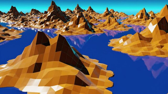 Low poly geometric landscape of stylized mountains and reflective blue water under a clear sky for abstract digital art