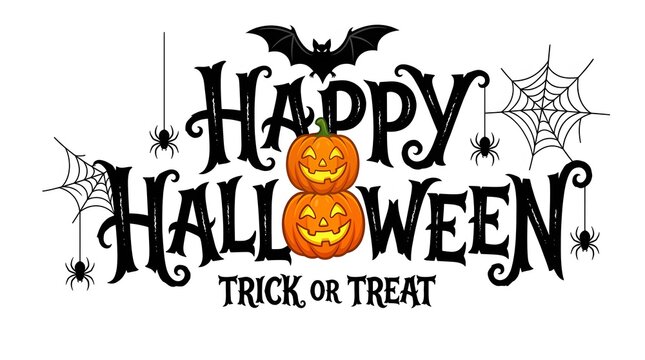 Happy halloween typography design with carved pumpkins bat and spider webs for festive holiday greeting card decoration