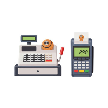 3D cartoon cash register and POS payment terminal isolated on white background
