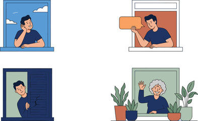 Fototapeta premium People Looking Out of Windows Dreaming Holding Speech Bubble and Waving Next to Houseplants in Neighborhood Quarantine and Community Concept Vector Illustration