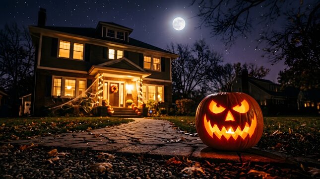 A glowing jack o lantern sits on a lawn in front of a spooky house for happy halloween