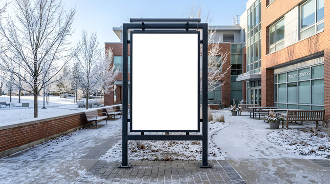 Blank outdoor vertical billboard mockup in snowy winter campus setting