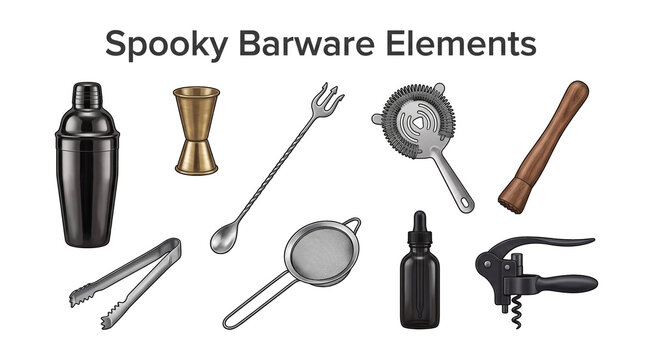 Spooky barware elements set of black and brass bartender tools cocktail shaker jigger and strainer isolated on transparent