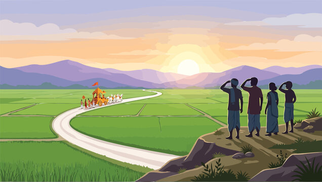 Indian villagers watching a traditional golden chariot procession at sunset
