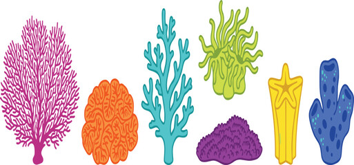 Marine Coral Reef Element Icon Set with Sea Fan Brain Coral Staghorn Anemone Star Pillar and Tube Sponge Vector Illustrations for Aquatic Designs © MdSirazul