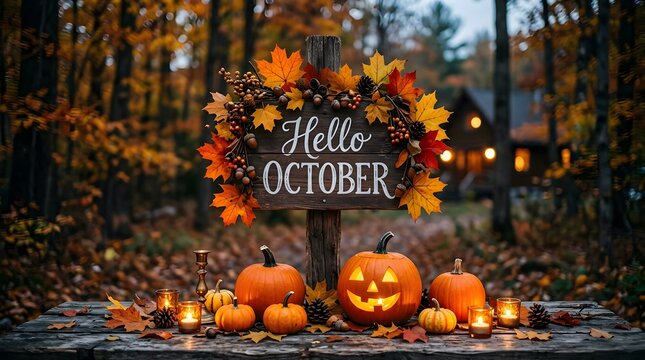 Festive hello october sign with pumpkins and autumn leaves for a happy halloween seasonal celebration background display