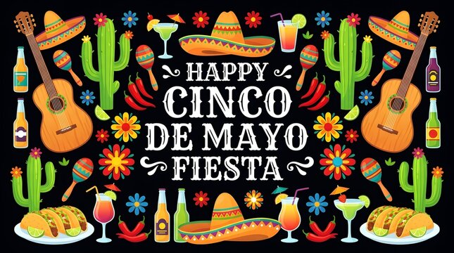 Festive happy cinco de mayo fiesta background featuring traditional mexican elements like guitars sombreros maracas cacti and delicious food items