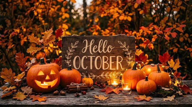 Festive autumn scene with pumpkins and hello october sign to celebrate a happy halloween holiday season