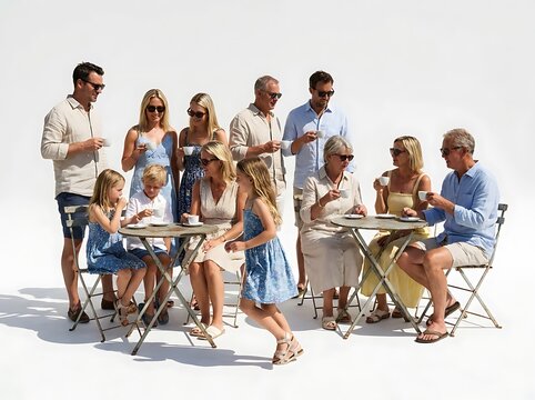 Multi-generational family sitting at outdoor cafes with restaurant lifestyle vacation drinking children grandparents together clothing relaxing generation gathering