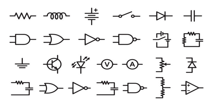 Electronic circuit schematic symbols and logic gates icon set vector illustration isolated on white background.