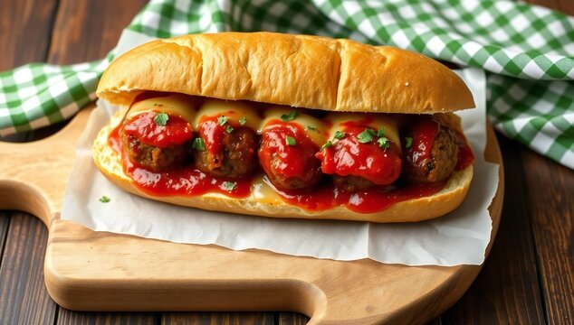 Delicious meatball sub sandwich with tomato sauce and herbs on a wooden cutting board