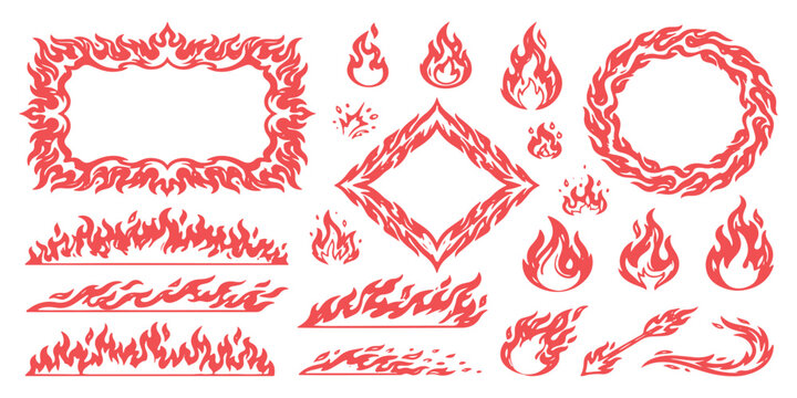 Red fire flames frames and burning borders line vector collection.