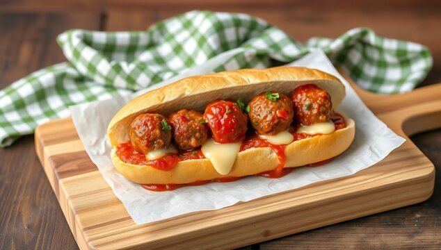 Delicious meatball sub sandwich with tomato sauce and melted cheese on a wooden board