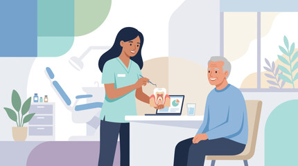 Fototapeta premium Dentist explaining tooth anatomy to patient in modern dental clinic