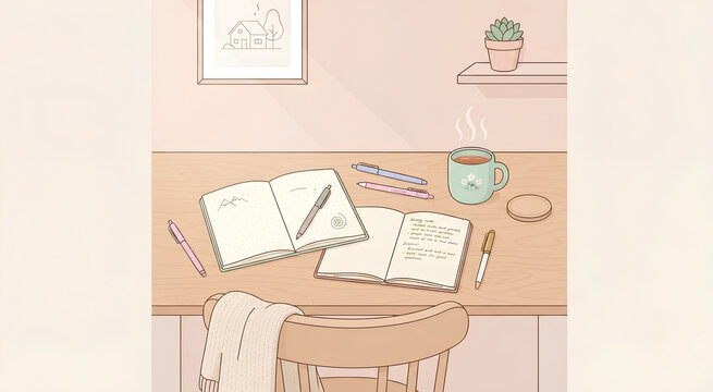 Cozy study desk setup with open journals, pens, coffee cup, and aesthetic illustration style