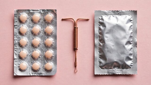 Contraceptive Methods - Birth Control Pills, IUD, and Condom Displayed.