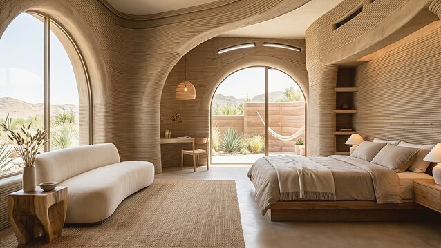Futuristic rammed earth architecture interior with curved minimalist design