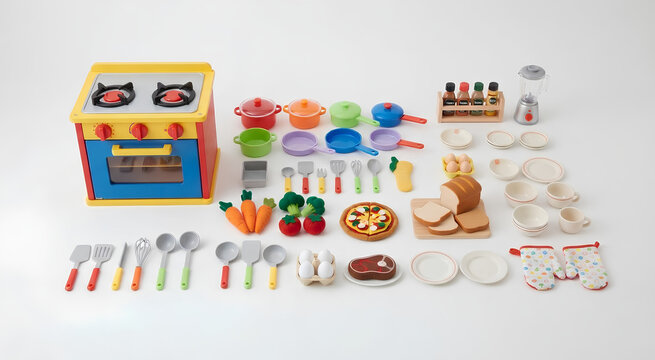 Children toy kitchen play set with miniature cooking utensils and food items