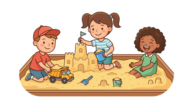 Three diverse children playing together in a sandbox with toys and a sandcastle.