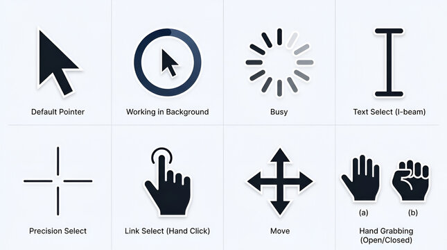 Set of computer cursor icons for digital interface navigation. Includes arrow, hand, and resize cursors for user interaction.