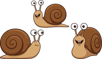 Cute cartoon snail character set featuring three happy smiling garden gastropods with spiral shells and big expressive eyes vector illustration © MdJamanur