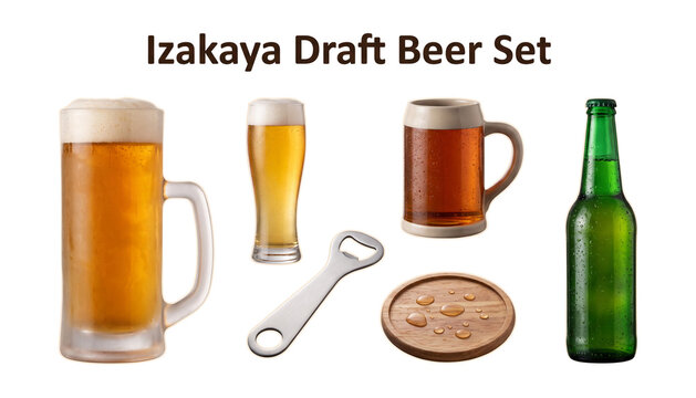 Izakaya draft beer set featuring golden lager mug slim glass beer stein and opener isolated on transparent background