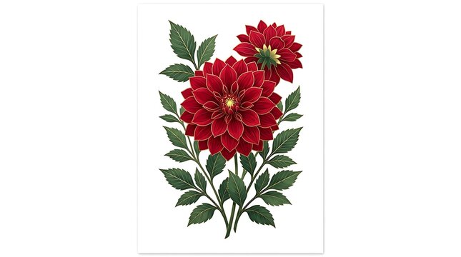 Vibrant Red Dahlia Flowers with Green Leaves on a Clean White Background