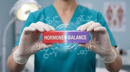 Obraz premium Medical professional holding hormone balance blocks with chemical formulas