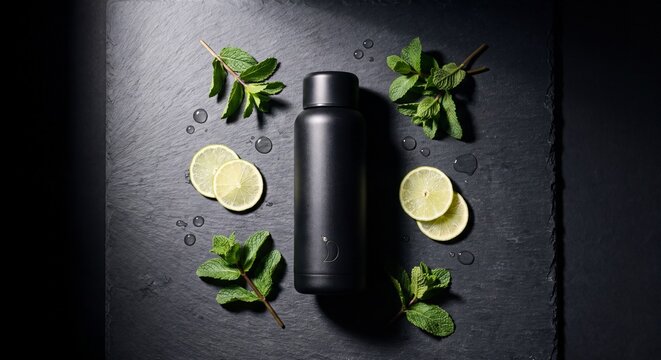 Matte black reusable water bottle with fresh mint sprigs and lime slices on dark slate surface