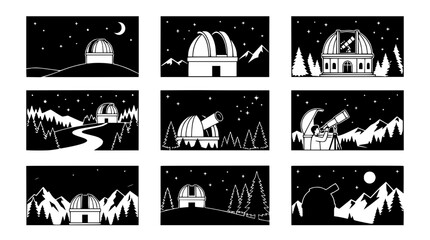 Observatory Silhouettes: Night Sky, Stars, Mountains & Telescopes © vectorrr