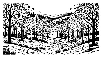 Obraz premium Autumn Forest Landscape with Winding River and Rolling Hills in Black and White