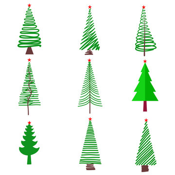 Festive Collection of Christmas Trees: A delightful assortment of nine stylized Christmas trees, each with a unique design, featuring green hues and topped with a bright red star.