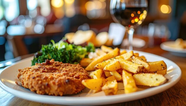 Fried cutlet with potato wedges and salad on plate.