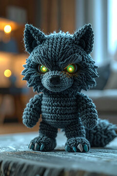 Crochet amigurumi wolf toy yarn craft bokeh background table room interior character neon eye texture animal doll hobby decoration concept art design element handicraft detail photography focus studio