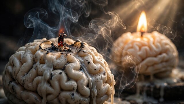 Burning Brain Candles Symbolizing Mental Burnout and Exhaustion.