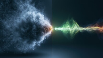Obraz premium A clear sentiment wave on one side meets muffled smoke on the other. The scene is set in a dark indigo atmosphere with a central divide.