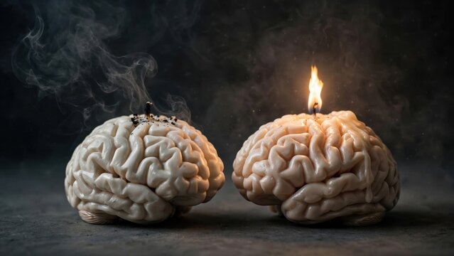 Two Human Brains Depicting Mental Burnout and Enlightenment.