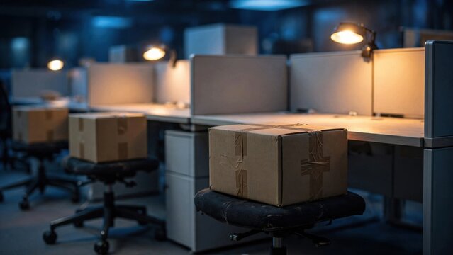 Empty Office Cubicles with Cardboard Boxes on Chairs.