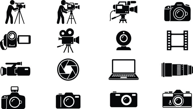 Video production and digital photography glyph icons set featuring movie cameras lenses filmmaking studio equipment vector illustration